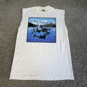 Vintage Killer Whale Shirt Mens L White Graphic Cotton Sleeveless Crewneck 90s